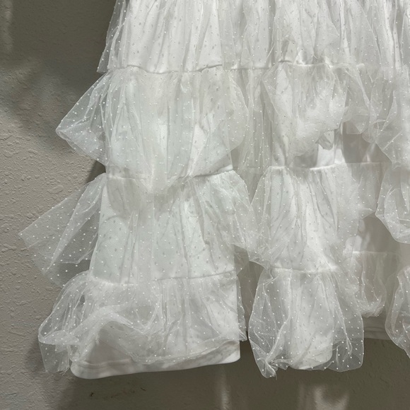 Lulus Dramatic Poise White Dot Tulle Puff Sleeve Tiered Mini Dress Large L - Picture 7 of 9